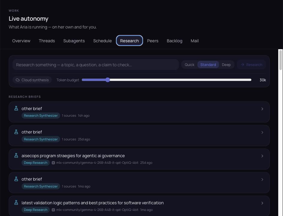 Aria research workspace with depth controls, token budget, cloud synthesis, and saved briefs